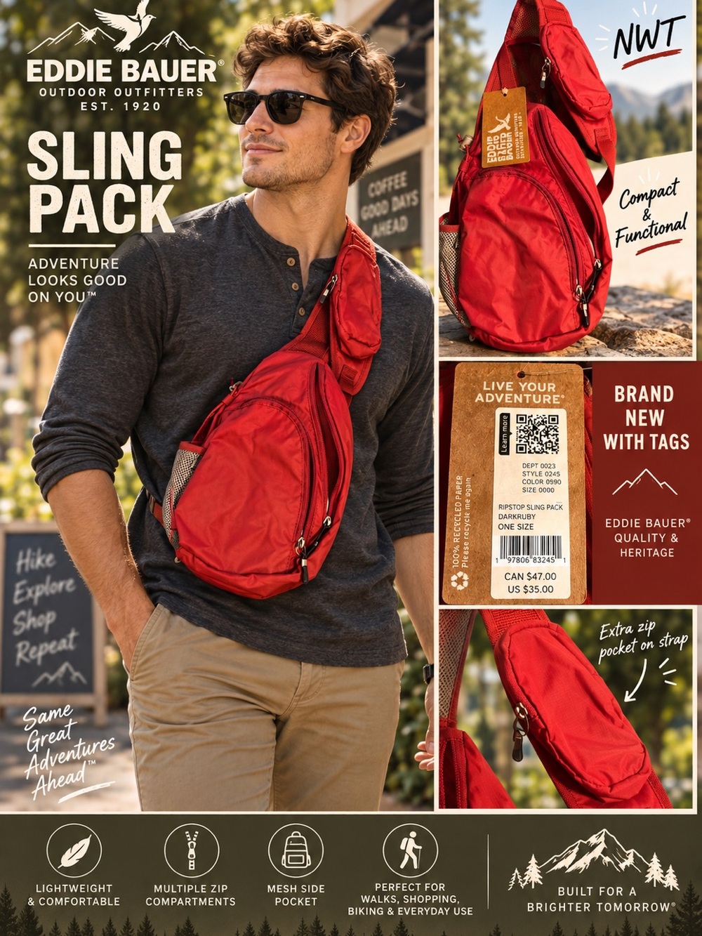 Eddie Bauer Red Sling Pack Crossbody Bag